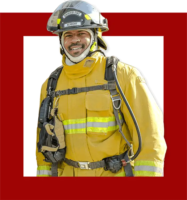 Ontario Fire Academy student in full firefighter turnout gear